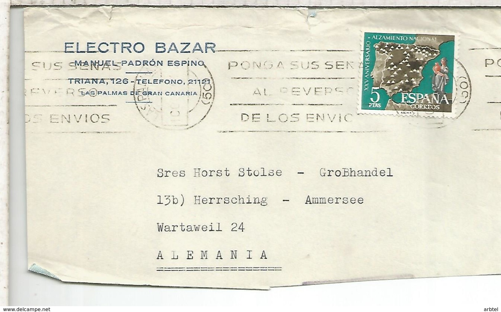 LAS PALMAS FRONTAL SELLO XXV AÑOS ALZAMIENTO GUERRA CIVIL - Cartas & Documentos