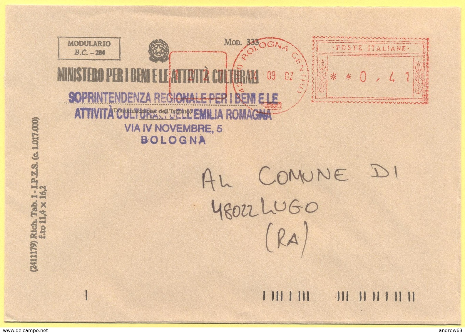 ITALIA - ITALY - ITALIE - 2002 - 00,41 EMA, Red Cancel - Comune Di Bologna - Viaggiata Da Bologna Per Lugo - Macchine Per Obliterare (EMA)