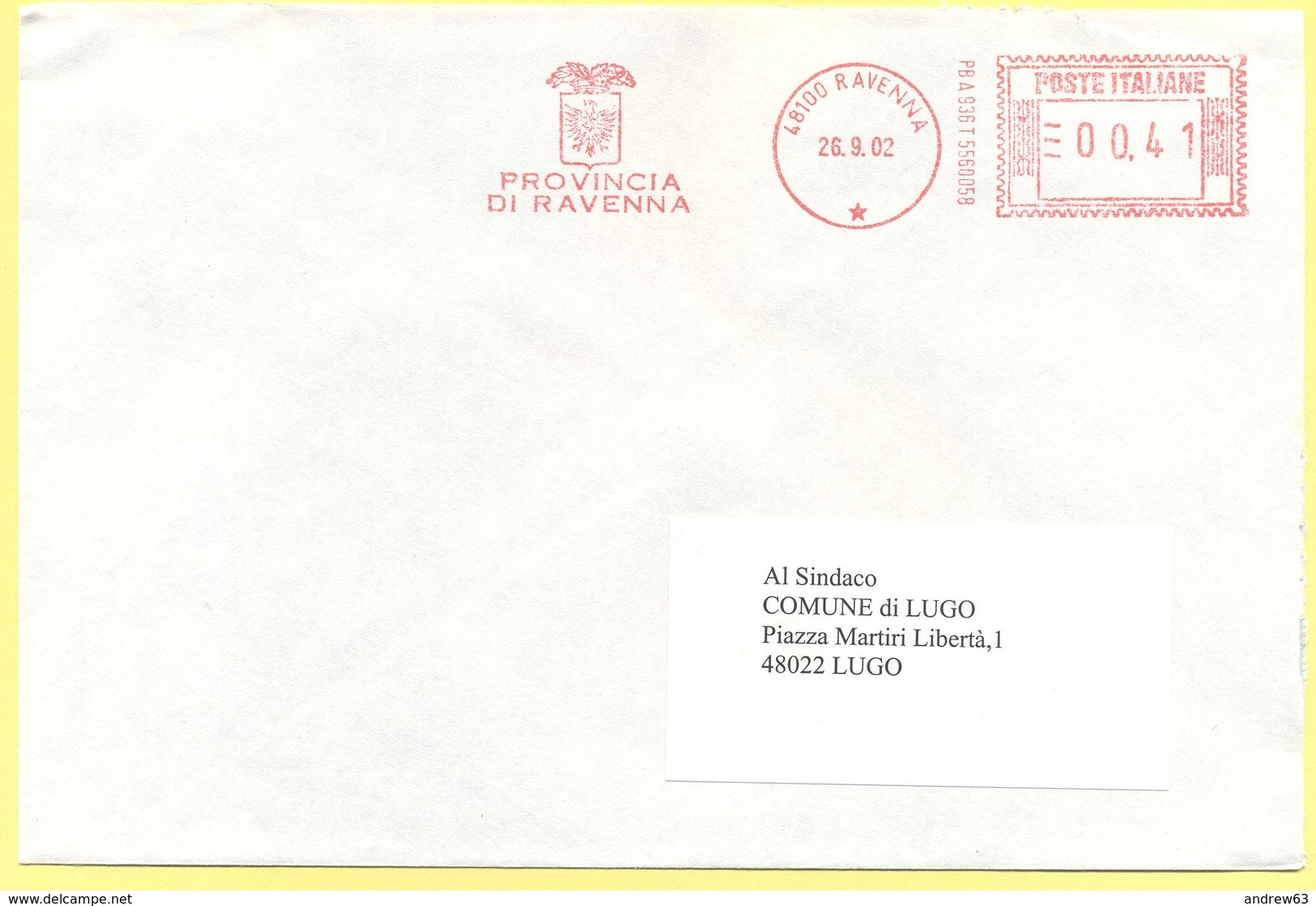 ITALIA - ITALY - ITALIE - 2002 - 00,41 EMA, Red Cancel - Provincia Di Ravenna - Viaggiata Da Ravenna Per Lugo - Macchine Per Obliterare (EMA)