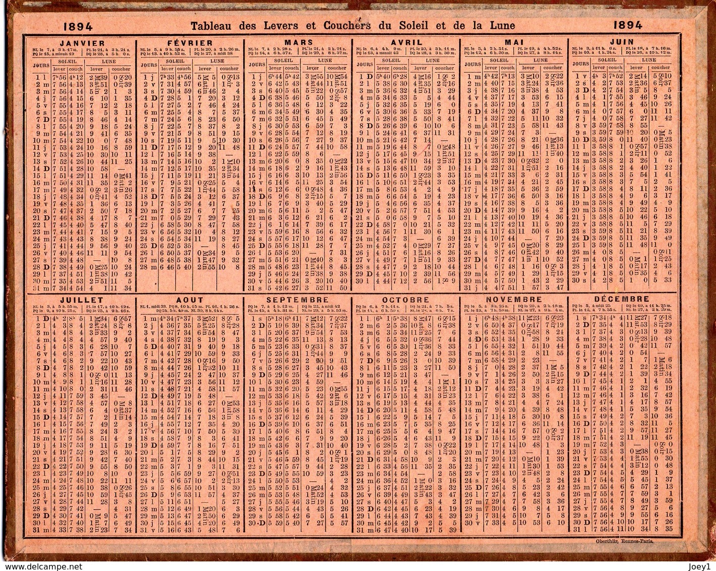 Almanach Des Postes 1894 Bon état,oberthur Et Fils,le Chant Du Soir - Groot Formaat: ...-1900