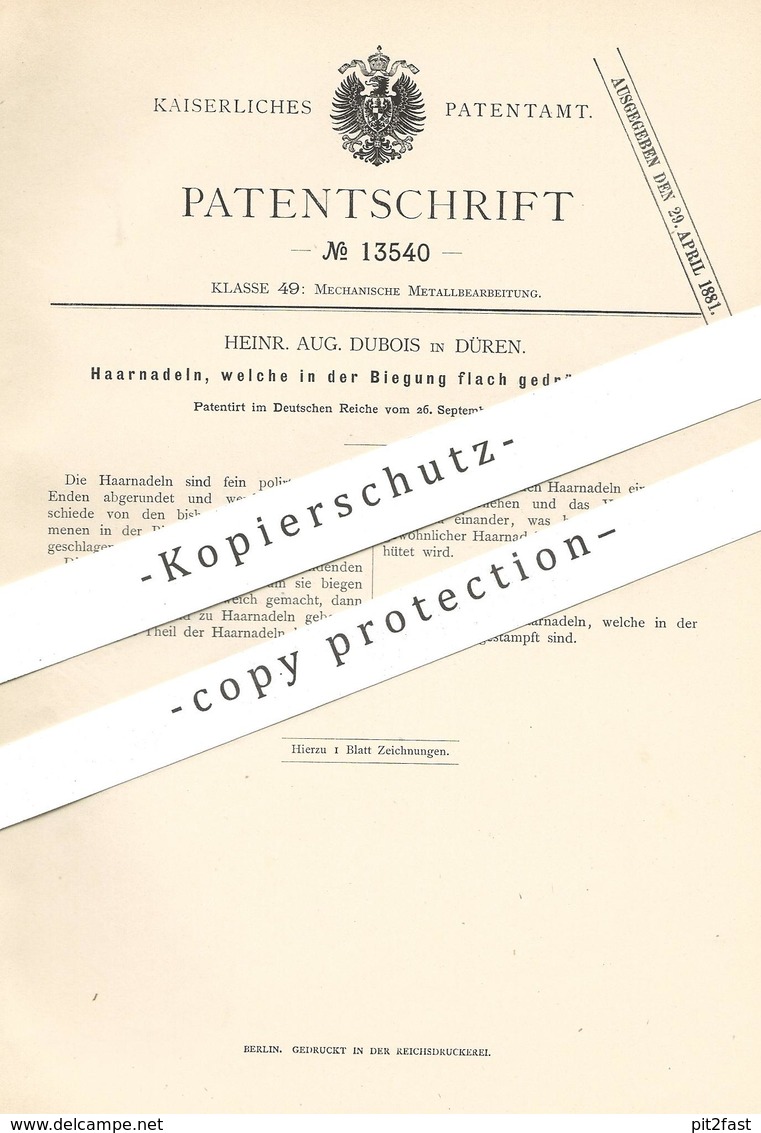 Original Patent - Heinr. Aug. Dubois , Düren , 1880 , Haarnadel , Haarnadeln | Haar , Friseur , Frisur !!! - Documenti Storici