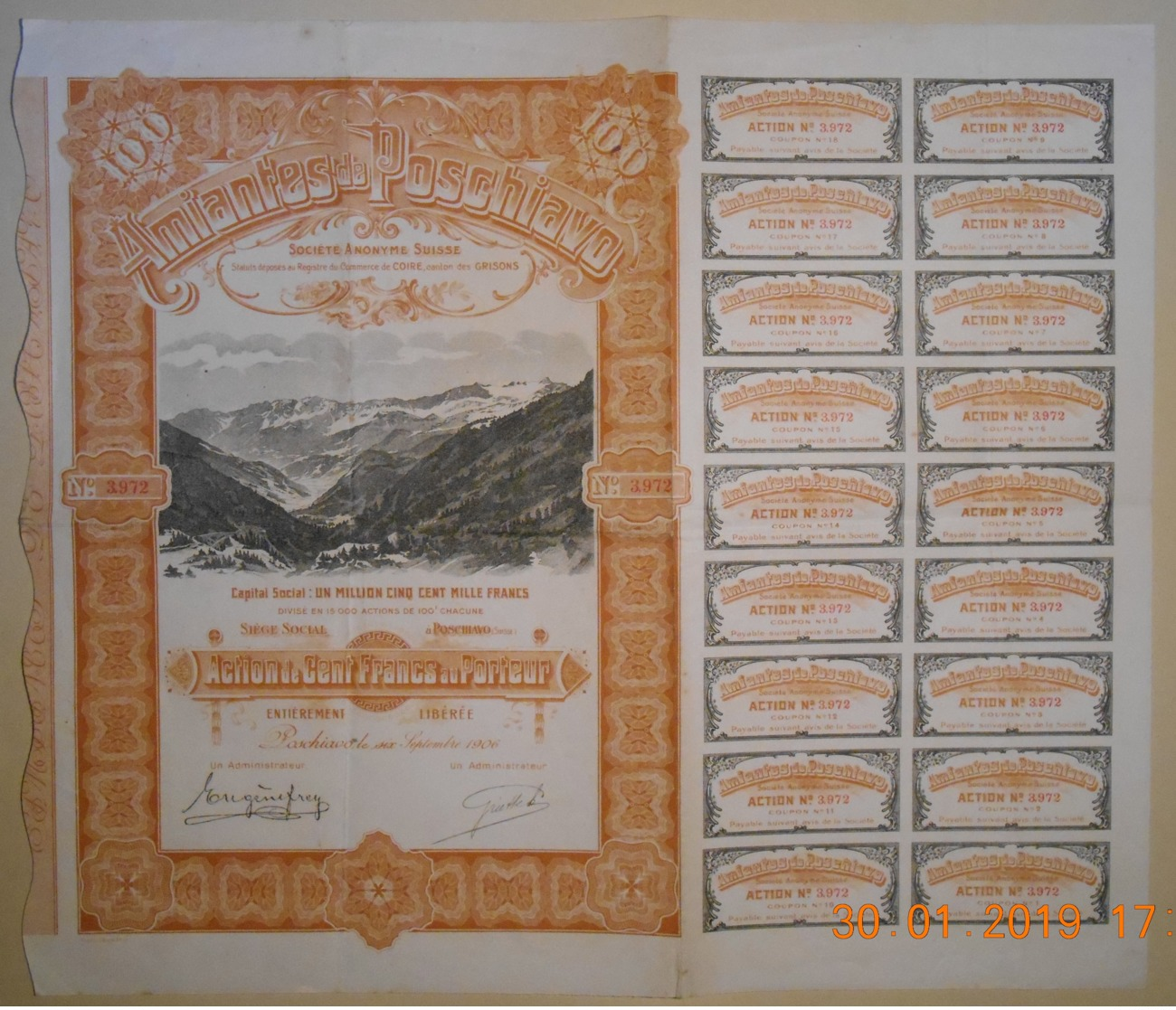ACTION -MINES AMIANTE DE POSCHIAVO En SUISSE - 06 Septembre 1906 - RARE - Mines