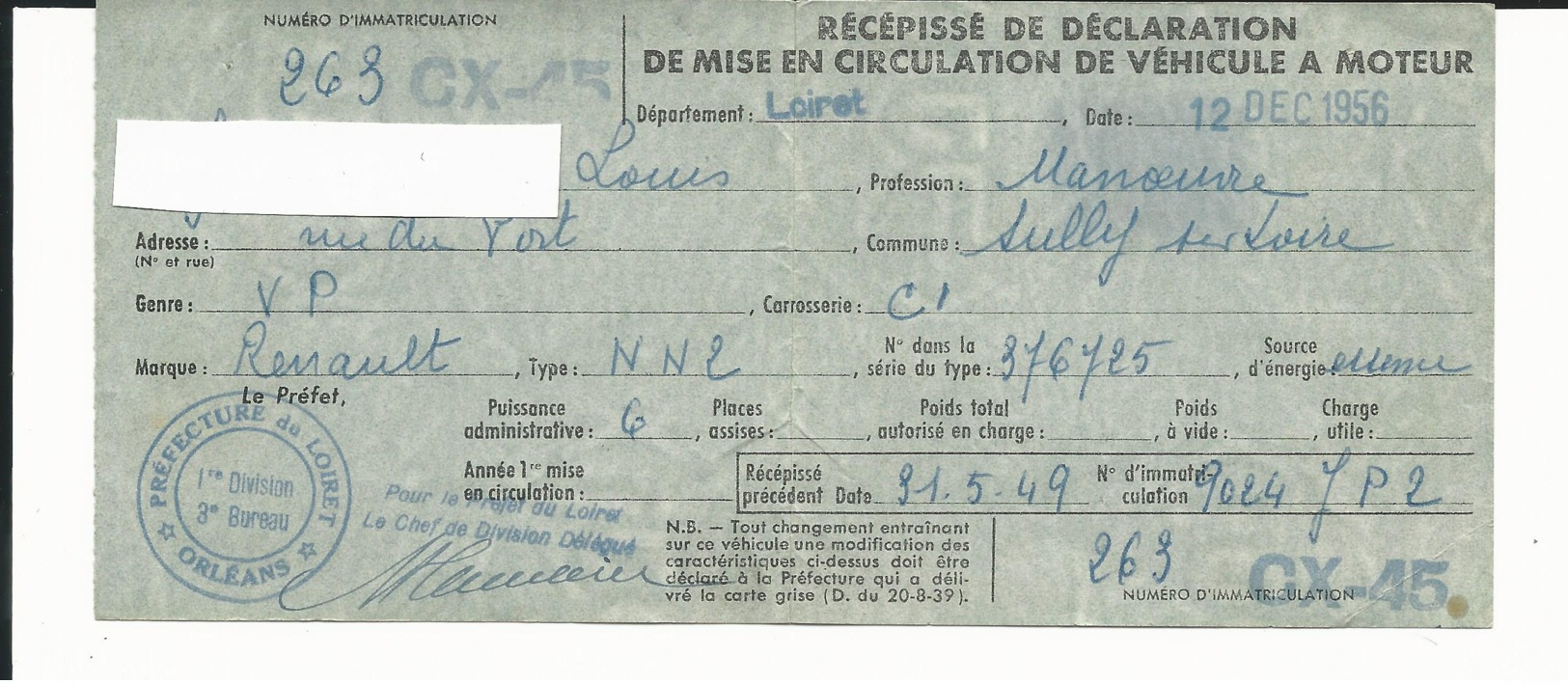 TIMBRE FISCAL De 1.500 Francs SUR VIEILLE CARTE GRISE DE RENAULT NN2 12/12/1956 - Autres & Non Classés