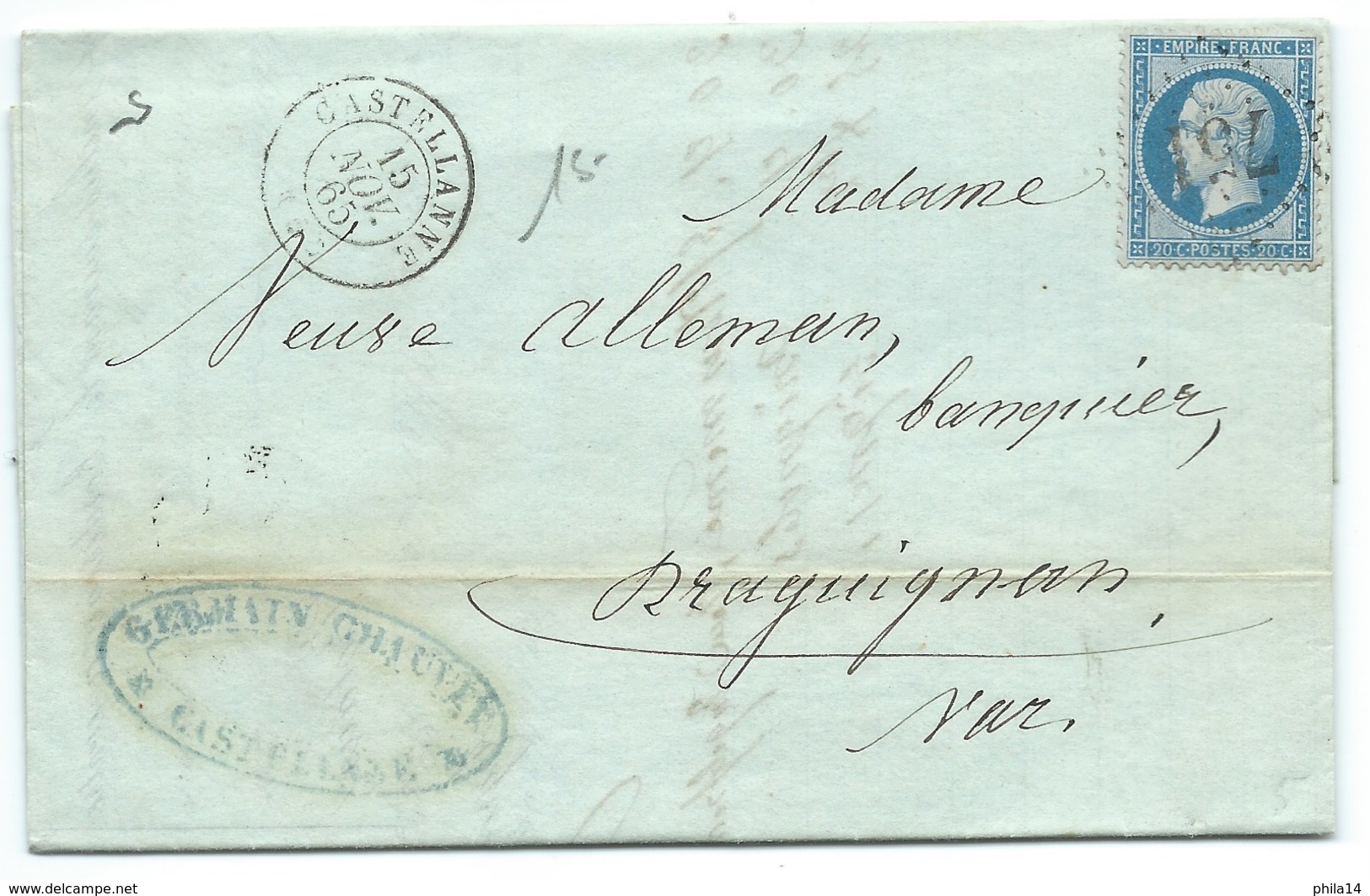 N° 22 BLEU NAPOLEON SUR LETTRE / CASTELLANNE POUR DRAGUIGNAN 1865 - 1849-1876: Période Classique