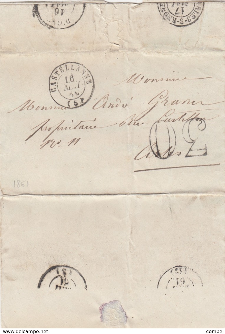 LETTRE. ALPES MARITIMES. 1861.   CASTELLANNE POUR ARLES. TAXE  TAMPON 30   / 2 - 1849-1876: Période Classique