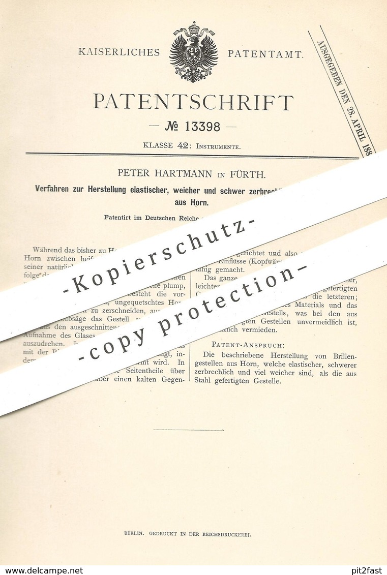 Original Patent - Peter Hartmann , Fürth , 1880 , Elastisches Brillengestell Aus Horn | Brille , Brillen , Optiker !!! - Historische Dokumente