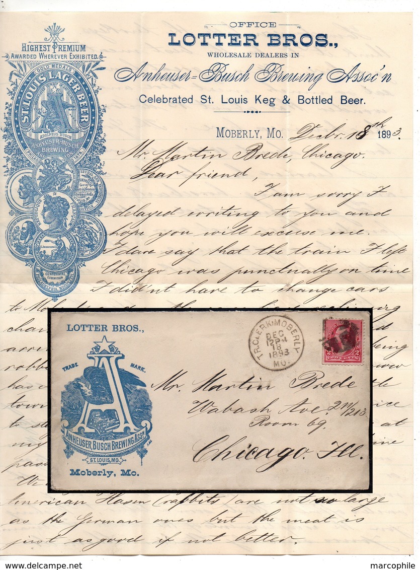 BIERE - BEER - BIER / 1893 MOBERLY MISSOURI USA ENVELOPPE & COURRIER A ENTÊTE POUR CHICAGO (ref LE3180) - Bières