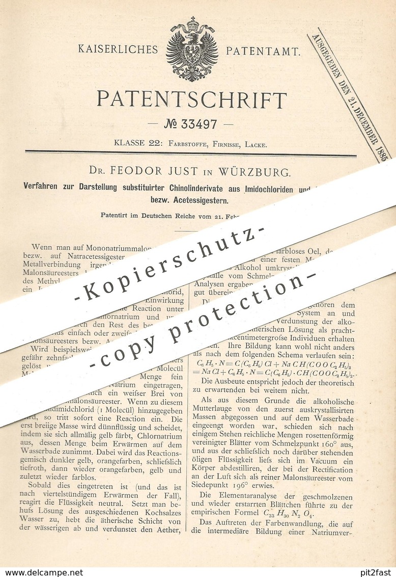 Original Patent - Dr. Feodor Just , Würzburg , 1885 , Darstellung Substituierter Chinolinderivate | Chemie , Ester !!! - Historische Dokumente