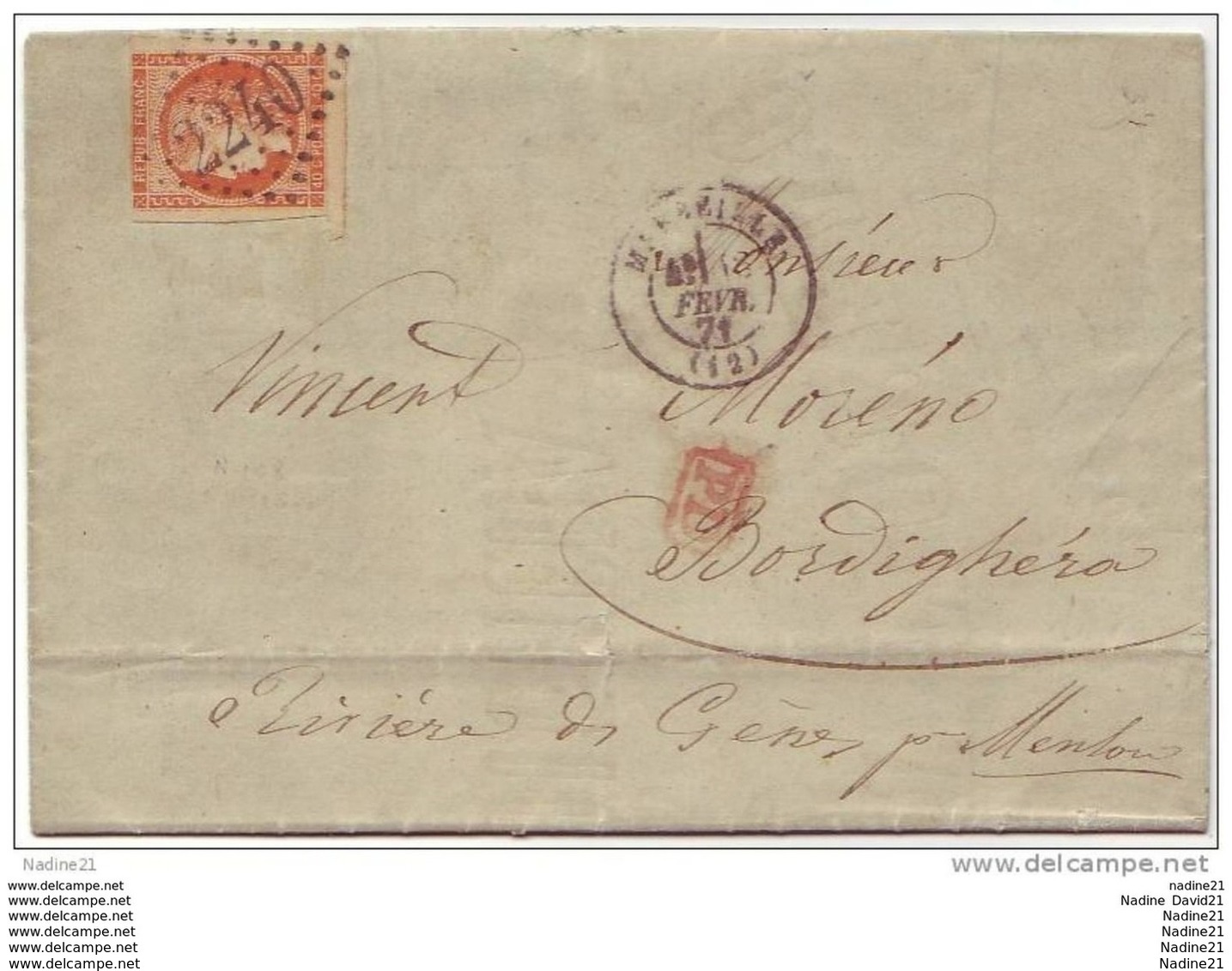 048. LETTRE N°48 - DESTINATION BORDIGHERA - 1871 - 1849-1876: Période Classique