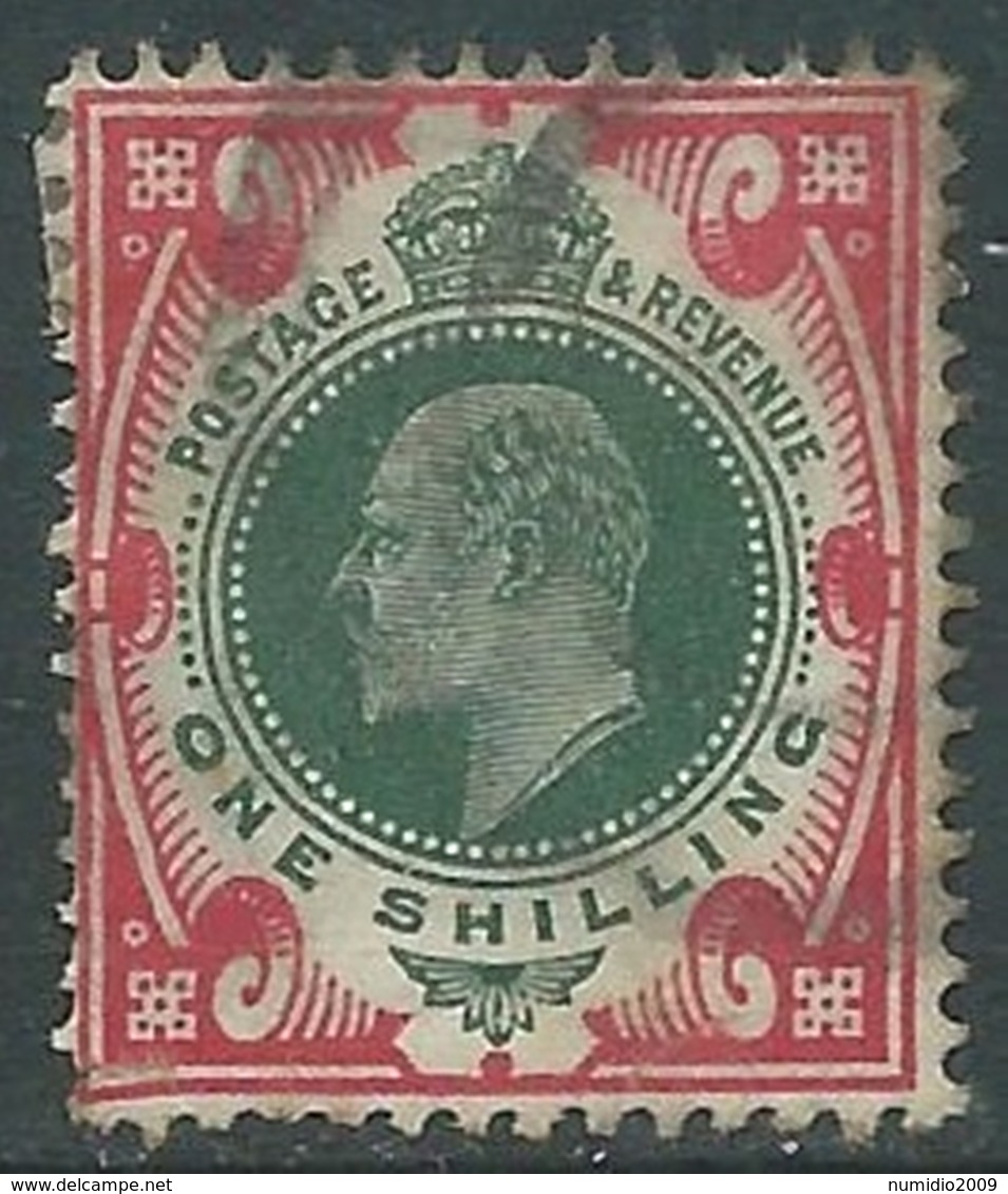 1902-10 GREAT BRITAIN USED SG 257 1s DULL GREEN & CARMINE - F22-2 - Used Stamps