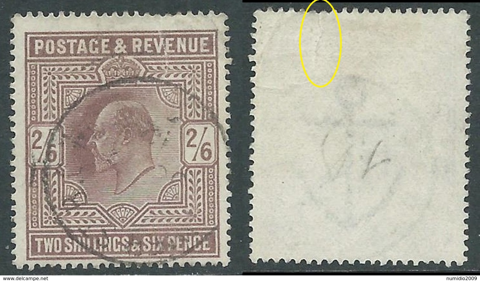 1902-10 GREAT BRITAIN USED SG 260 2s6d LILAC DEFECTIVE RIP - F21-9 - Usados