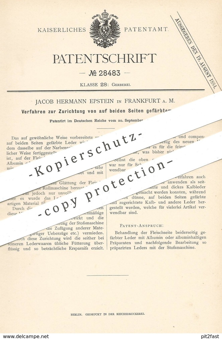 Original Patent - Jacob Hermann Epstein , Frankfurt / Main  1883 , Auf Beiden Seiten Gefärbtes Leder | Gerber , Gerberei - Historische Dokumente