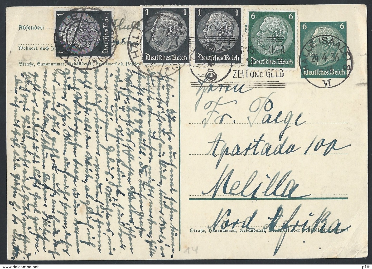 40de.Postcard. Post 1936 Year. Halle ( Deutsches  Reich) Melilla (Spain, North Africa).Advertising Stamp - Lettres & Documents