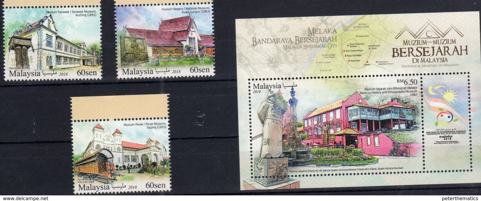 MALAYSIA, 2018, MNH, HISTORICAL MUSEUMS, ARCHITECTURE, TRAINS, 3v+S/SHEET - Museums