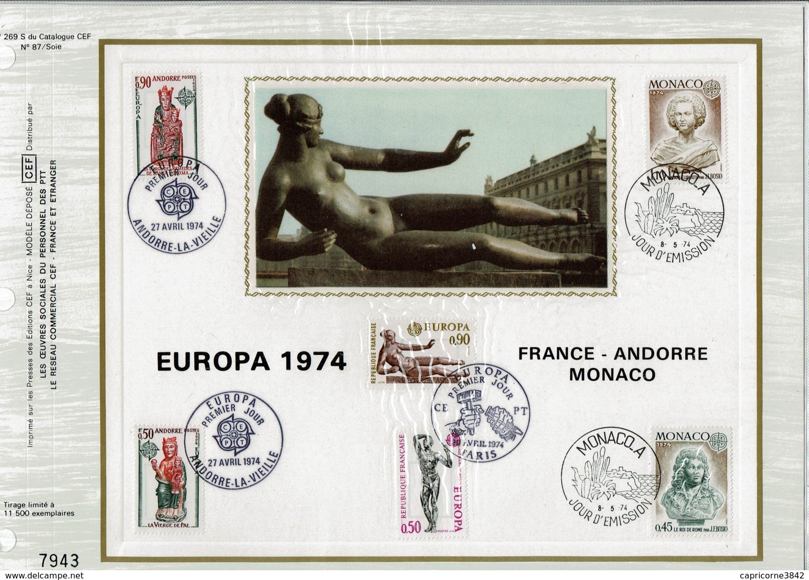 1974 - Feuillet CEF  - 1er Jour EUROPA 1974 - Emission Conjointe FRANCE - ANDORRE - MONACO - 1970-1979