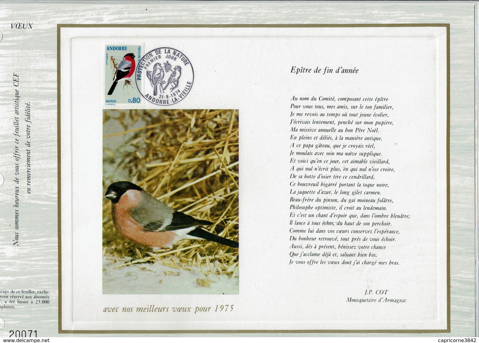 1974 - Feuillet CEF Avec Les Meilleurs Vœux Pour 1975 - 1er Jour - Protection De La Nature  - Tp Du Bouvreuil N°241 - FDC