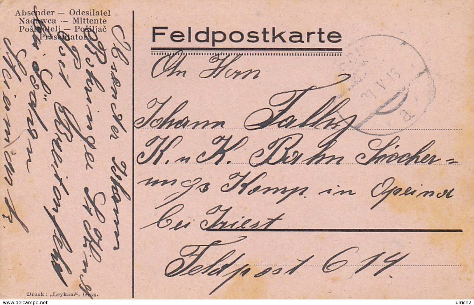 Feldpostkarte Wien Nach K.u.k. Bahn Sicherungs Komp In Opcina Bei Triest Feldpost 614 - 1916 (39323) - Briefe U. Dokumente