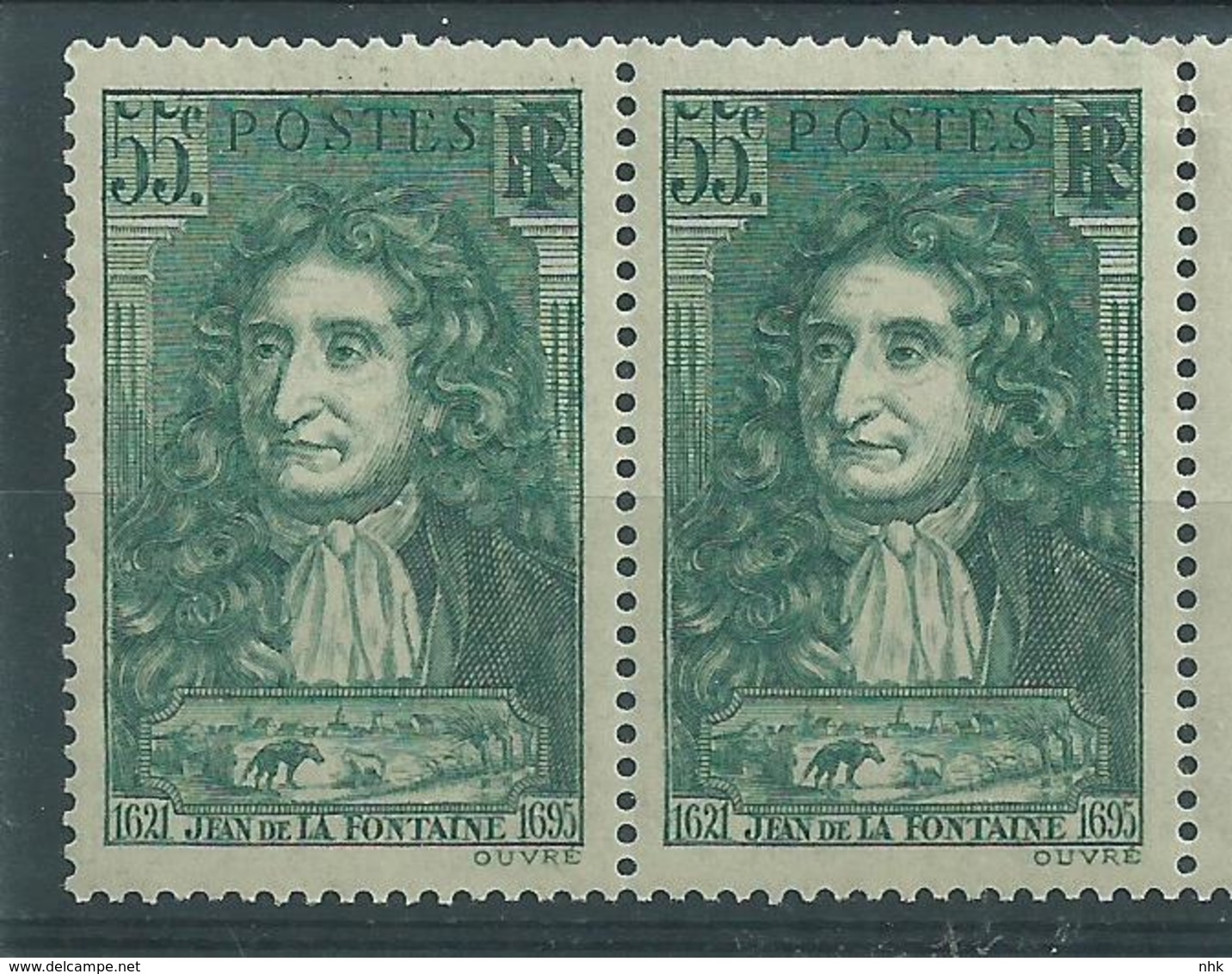 [28] Variété : N° 397 Jean De La Fontaine Double-frappe Partielle Du Fond Tenant à Normal ** - Unused Stamps