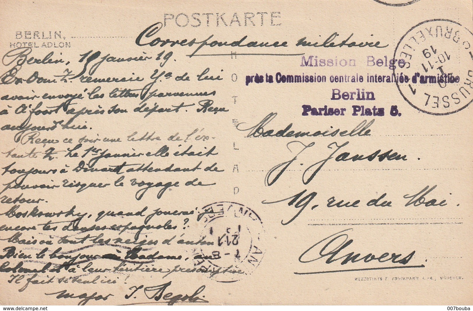 Cachet Mauve Mission Belge Sur CPA Hotel Adlon (Berlin) - Commission Centrale Interalliée D'armistice - Berlin 1919 - Marques D'armées