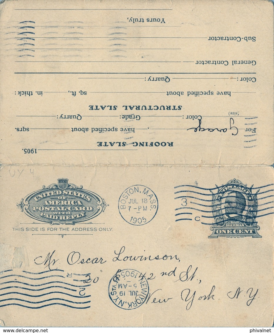 1905 , ESTADOS UNIDOS , TARJETA ENTERO POSTAL CIRCULADA , BOSTON - NEW YORK , PRE IMPRESO - 1901-20