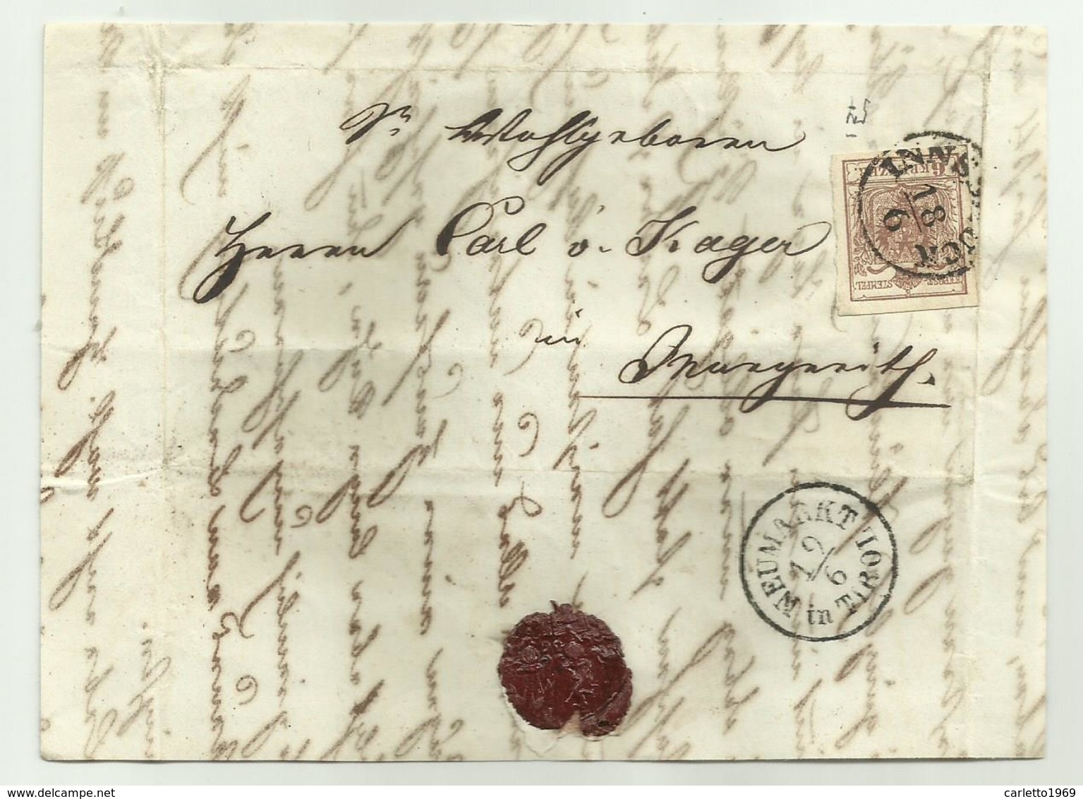 FRANCOBOLLO  6  KREUZER INNSBRUCK  1857   CON SIGILLO CERALACCA INTEGRO  SU FRONTESPIZIO - Used Stamps