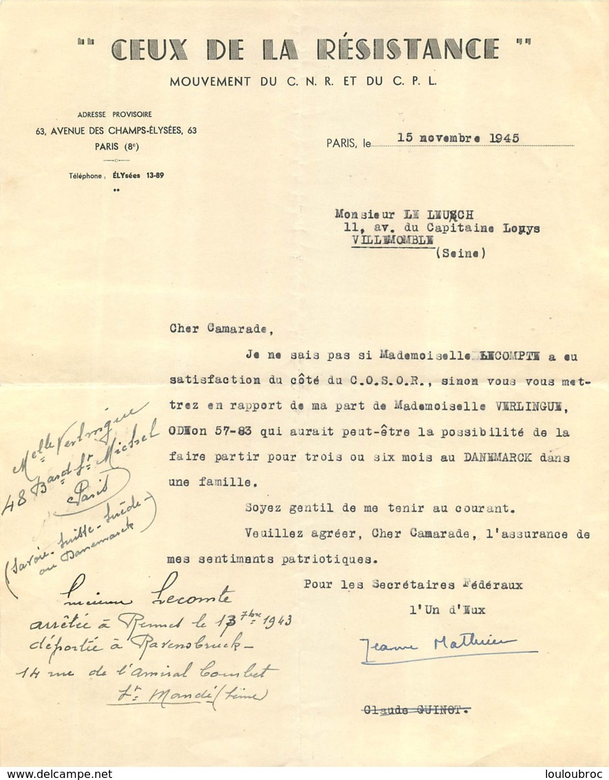CEUX DE LA RESISTANCE 11/1945  POUR LUCIENNE LECOMTE DEPORTEE A RAVENSBRUCK  POUR DEPART AU DANEMARCK - 1939-45