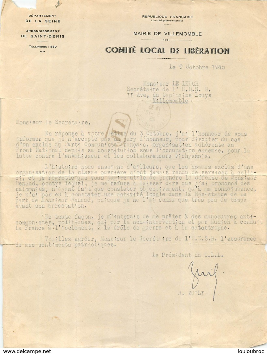 COMITE LOCAL DE LA LIBERATION  10/1945  PRESIDENT DU C.L.L.  AU SECRETAIRE DE L'U.D.S.R. - 1939-45