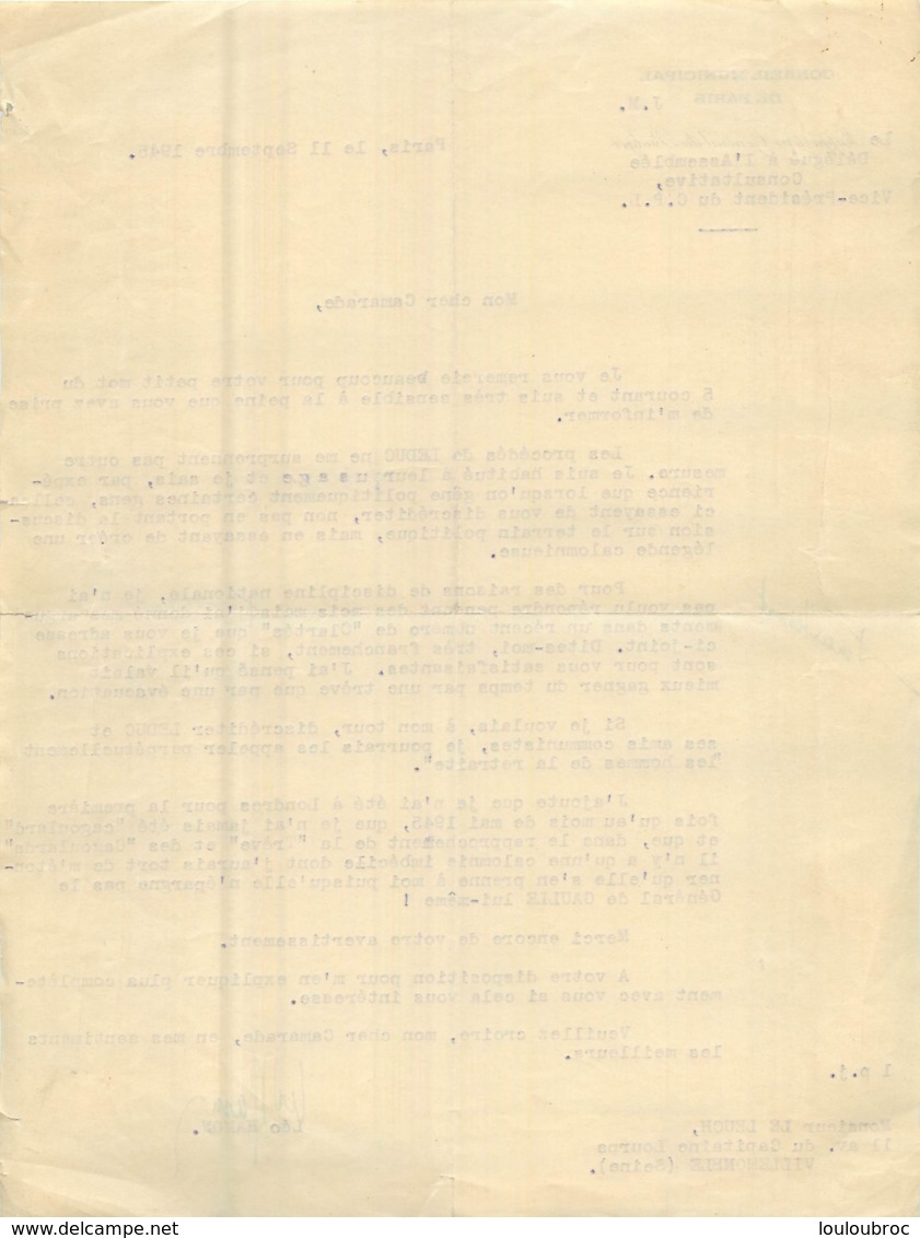 COURRIER  FAISANT ALLUSION AUX HOMMES DE LA RETRAITE ET AUX CAGOULARDS  ET GENERAL DE GAULLE 09/1945 - 1939-45