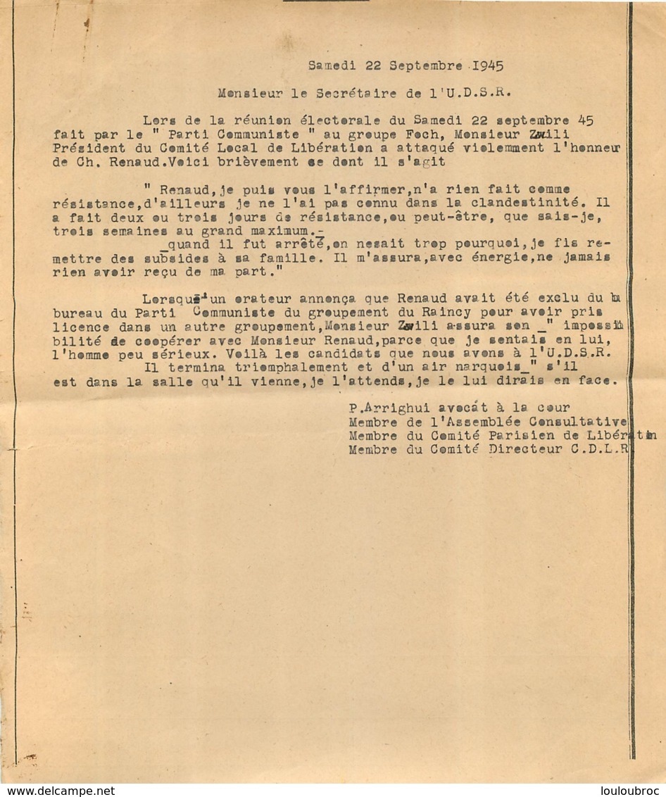 UNION DEMOCRATIQUE ET SOCIALISTE DE LA RESISTANCE  COMITE LOCAL DE LA LIBERATION   PARTI COMMUNISTE  09/1945 - 1939-45