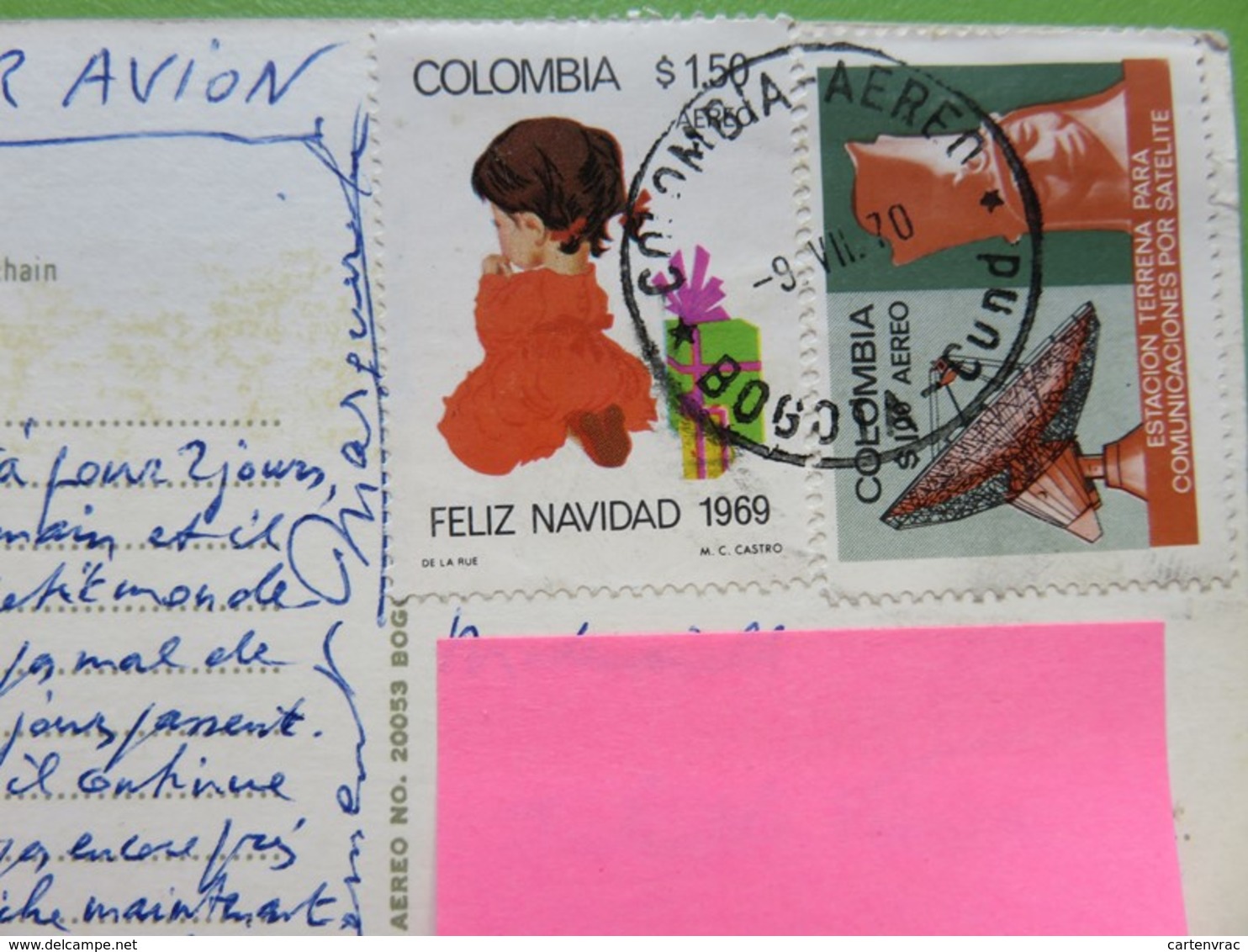 Colombie - Carte Postale - Bogota Vers France - Par Avion - Cachet Aérien + Timbre Feliz Navidad 1969 - 09.07.1970 - Colombia