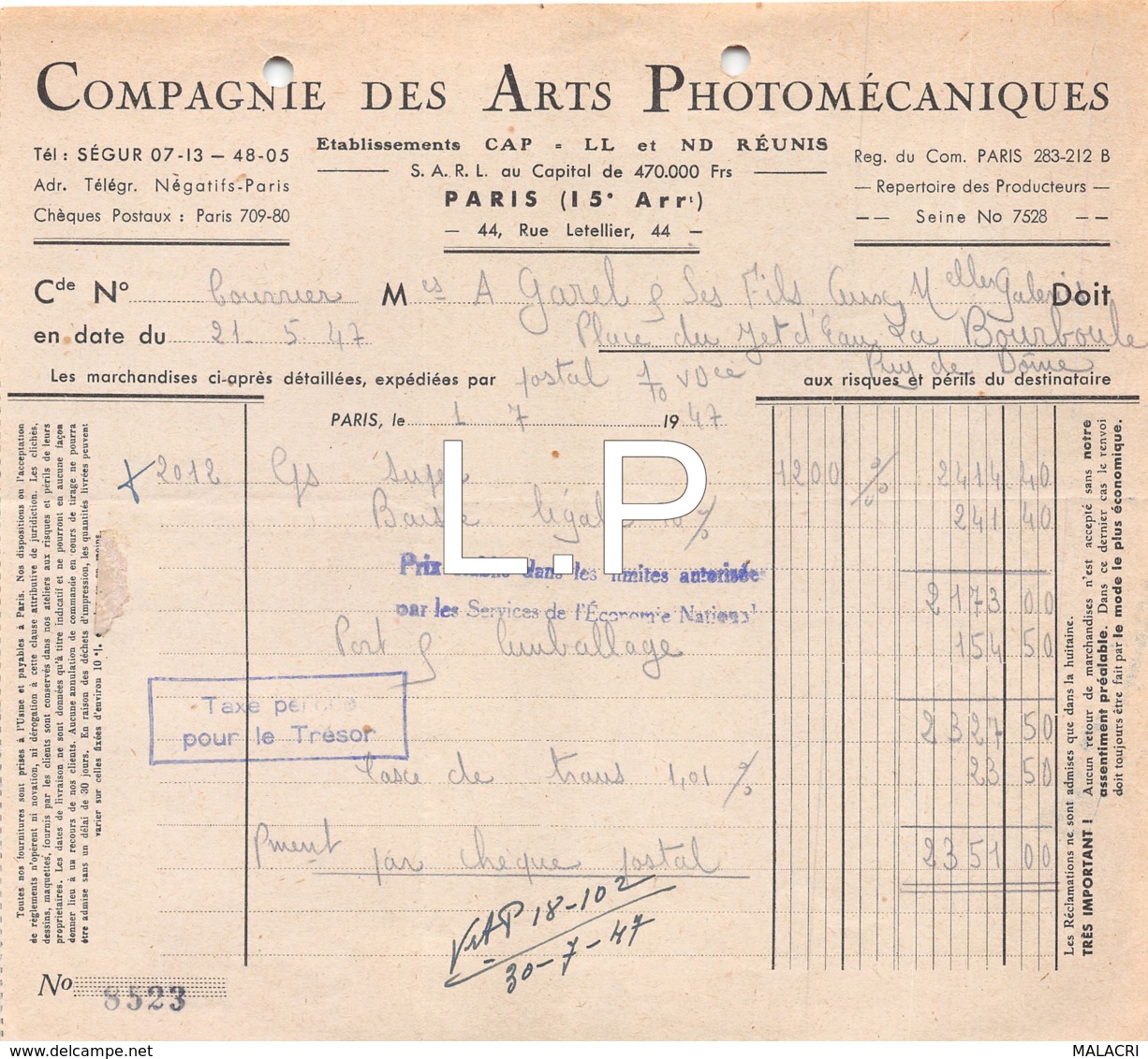 12-0763   1947  COMPAGNIE DES ARTS PHOTOMECANIQUES A PARIS - M. GAREL A LA BOURBOULE - 1900 – 1949