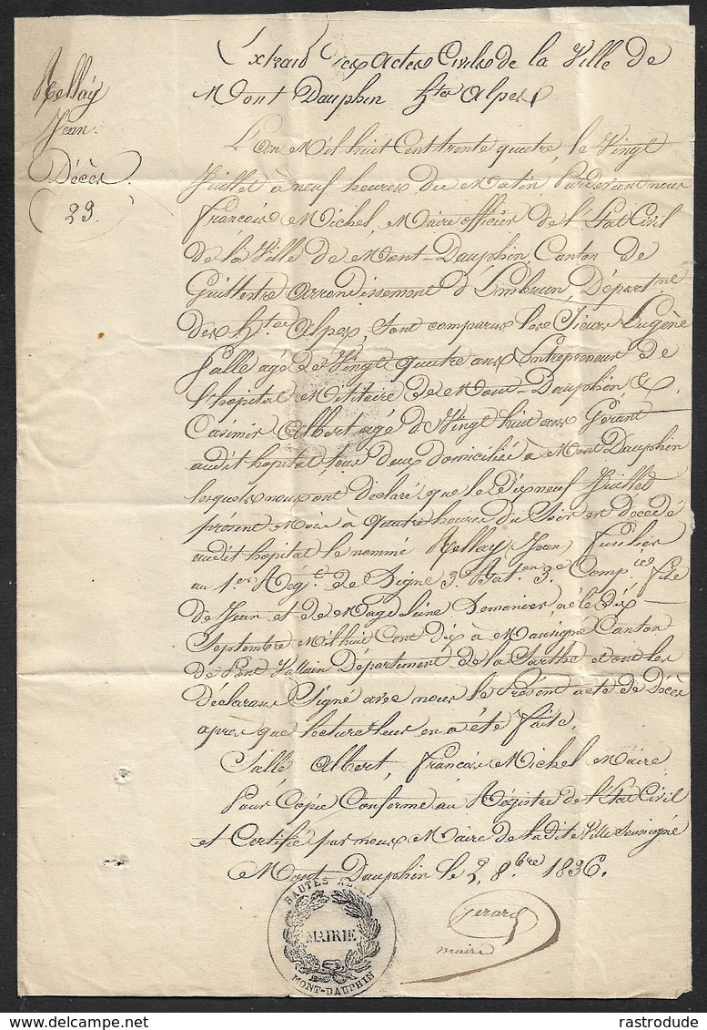 1836 - LAC  MONT DAUPHIN ( HAUTES ALPES ) - Lettre De La Mairie - Contenue Hopital Militaire - Signé Par Le Maire - RARE - 1801-1848: Precursors XIX
