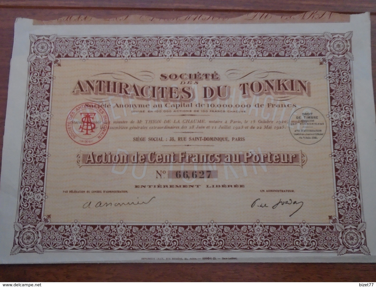 INDOCHINE - ANTHRACITES DU TONKIN - ACTION 100 FRS - PARIS 1925 - Other & Unclassified