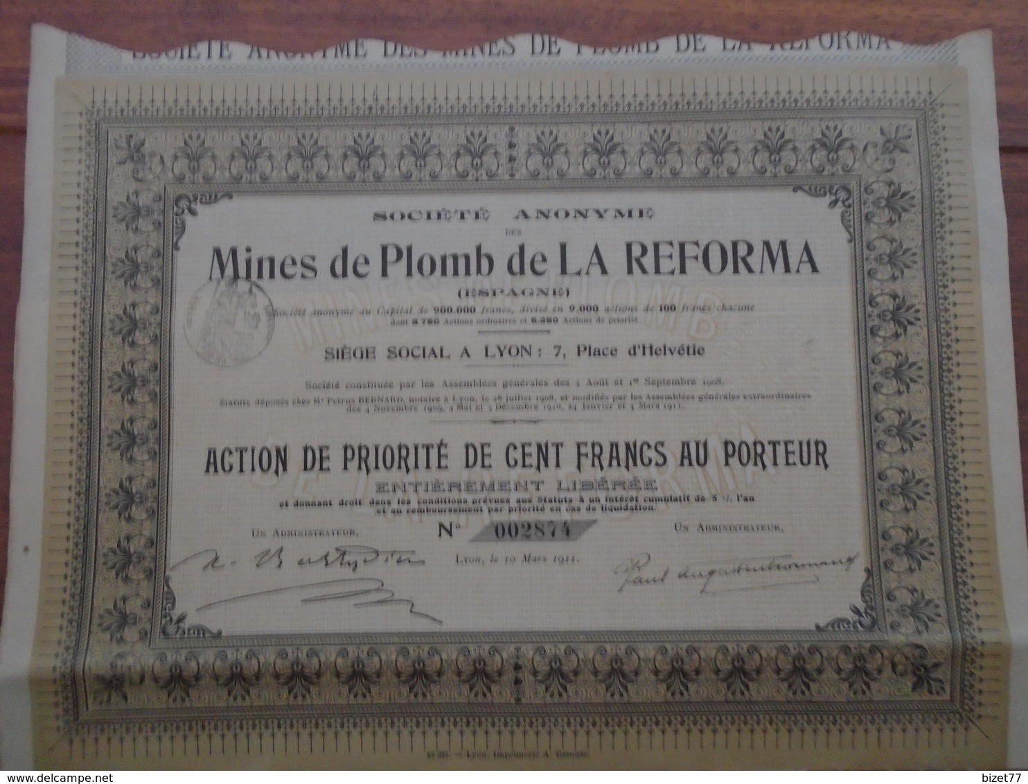 ESPAGNE - MINES DE PLOMB DE LA REFORMA - ACTION DE PRIORITE - DE 100 FRS - LYON 1911 - Autres & Non Classés