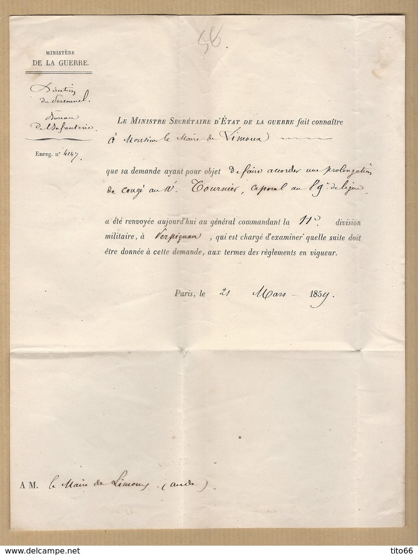 LAC Ministère De La Guerre TAD Rouge Paris Franchise 21 Mars 1859 Pour Le Maire De Limoux - 1849-1876: Période Classique