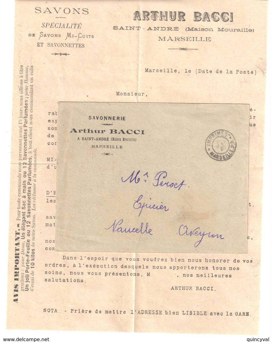 MARSEILLE PP IMPRIMES Lettre Entête Savonnerie BACCI Avec Courrier D'information Ob 21 Mai 1920 - Bolli Manuali