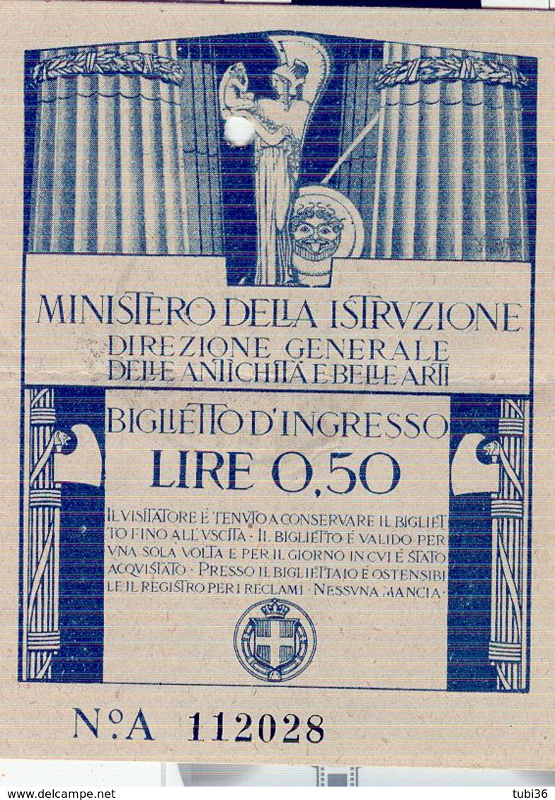 MINISTERO PUBBLICA ISTRUZIONE / Biglietto D'Ingresso Lire 0,50-R.Galleria Degli Uffizi -FIRENZE-1928-CON FASCI (PNF) - Tickets D'entrée