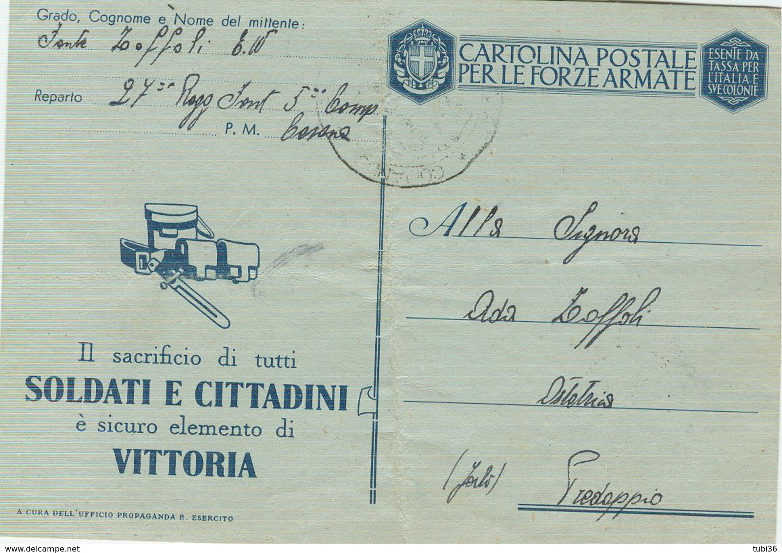 FORZE ARMATE - CARTOLINA IN FRANCHIGIA-1942-P.M. CESENA-PREDAPPIO-DATA 24/8/1942-DATA STORICA -RR - NOTA - 1939-45