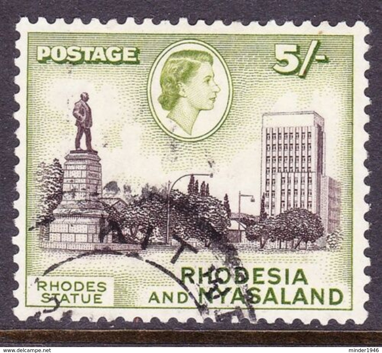 RHODESIA & NYASALAND 1959 5/- Deep Chocolate & Yellow-Green SG29 FU - Rhodesia & Nyasaland (1954-1963)