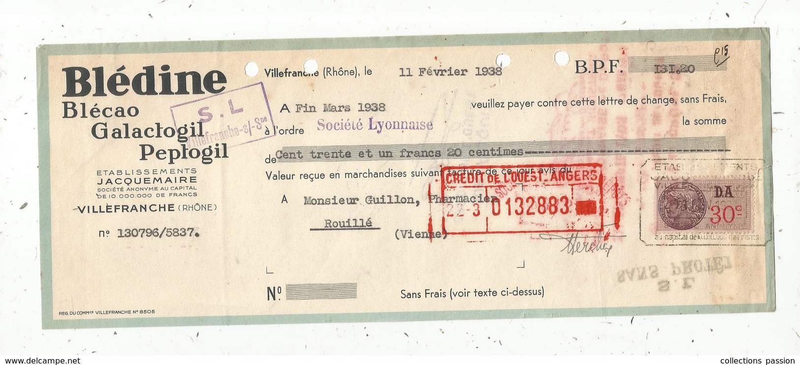 Lettre De Change, 1938 , BLEDINE , BLECAO ,GALACTOGIL , PEPTOGIL , JACQUEMAIRE ,Villefranche, Rhône ,frais Fr 1.55 E - Bills Of Exchange