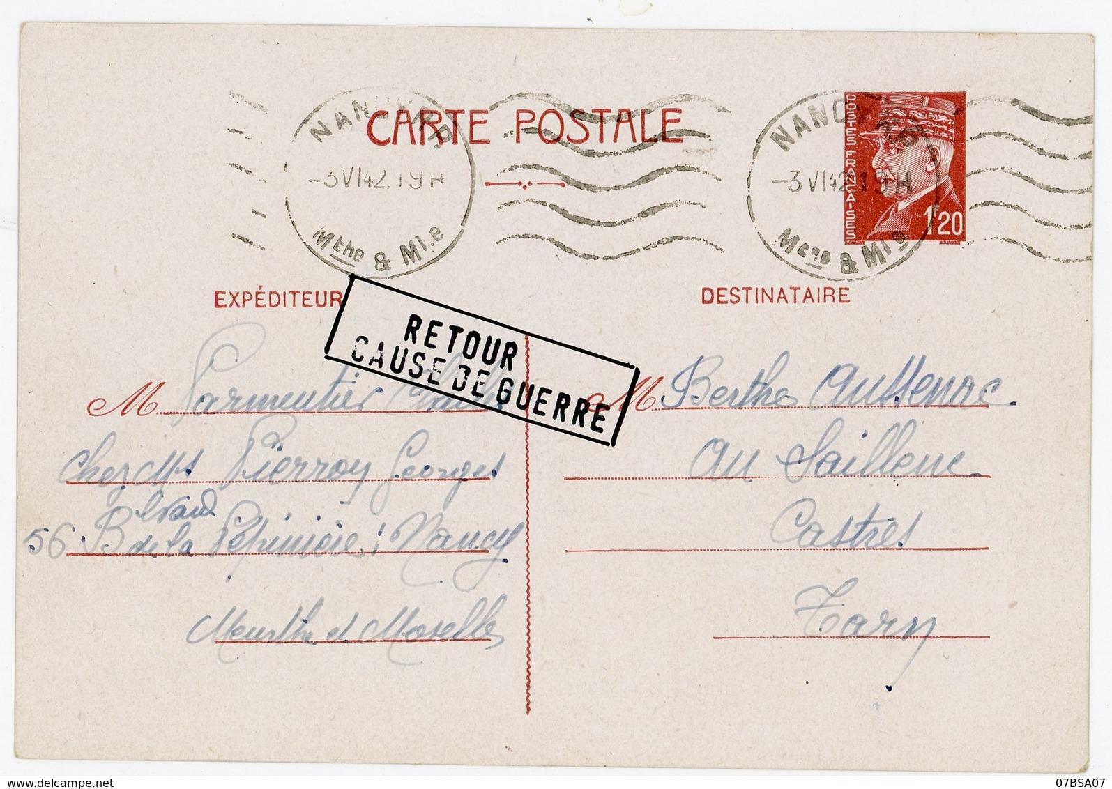 MEURTHE ET MOSELLE ENTIER PETAIN 1F20 1942 NANCY RP + RARE GRIFFE LINEAIRE " RETOUR / CAUSE DE GUERRE " - Guerre (timbres De)