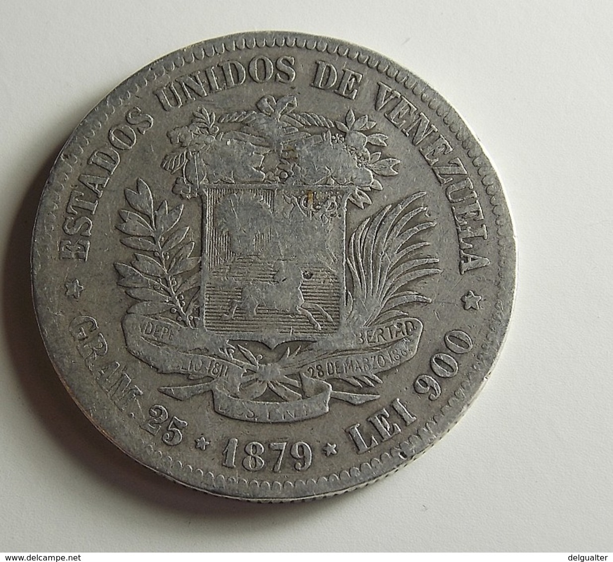 Venezuela 5 Bolivares 1879 Silver - Brésil