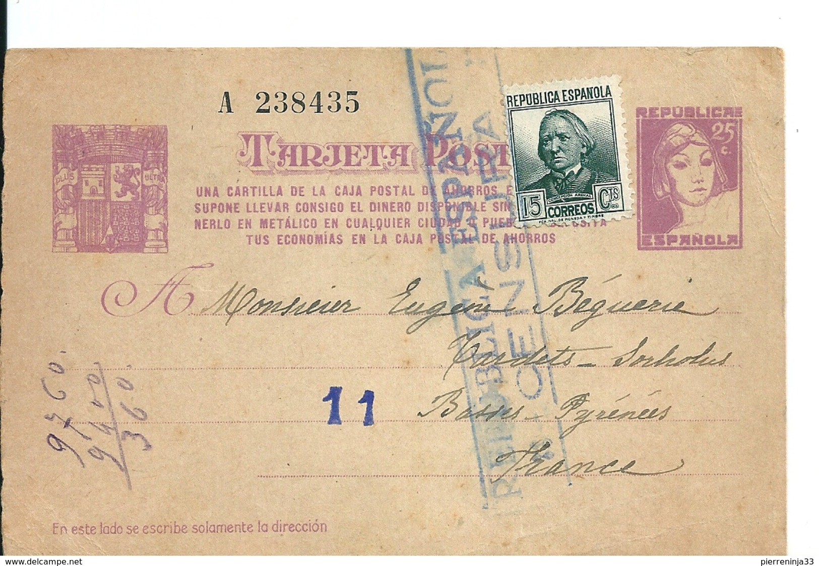 Entier Postal Espagne - France Avec Censure Republica Espanola , 1938 - Lettres & Documents