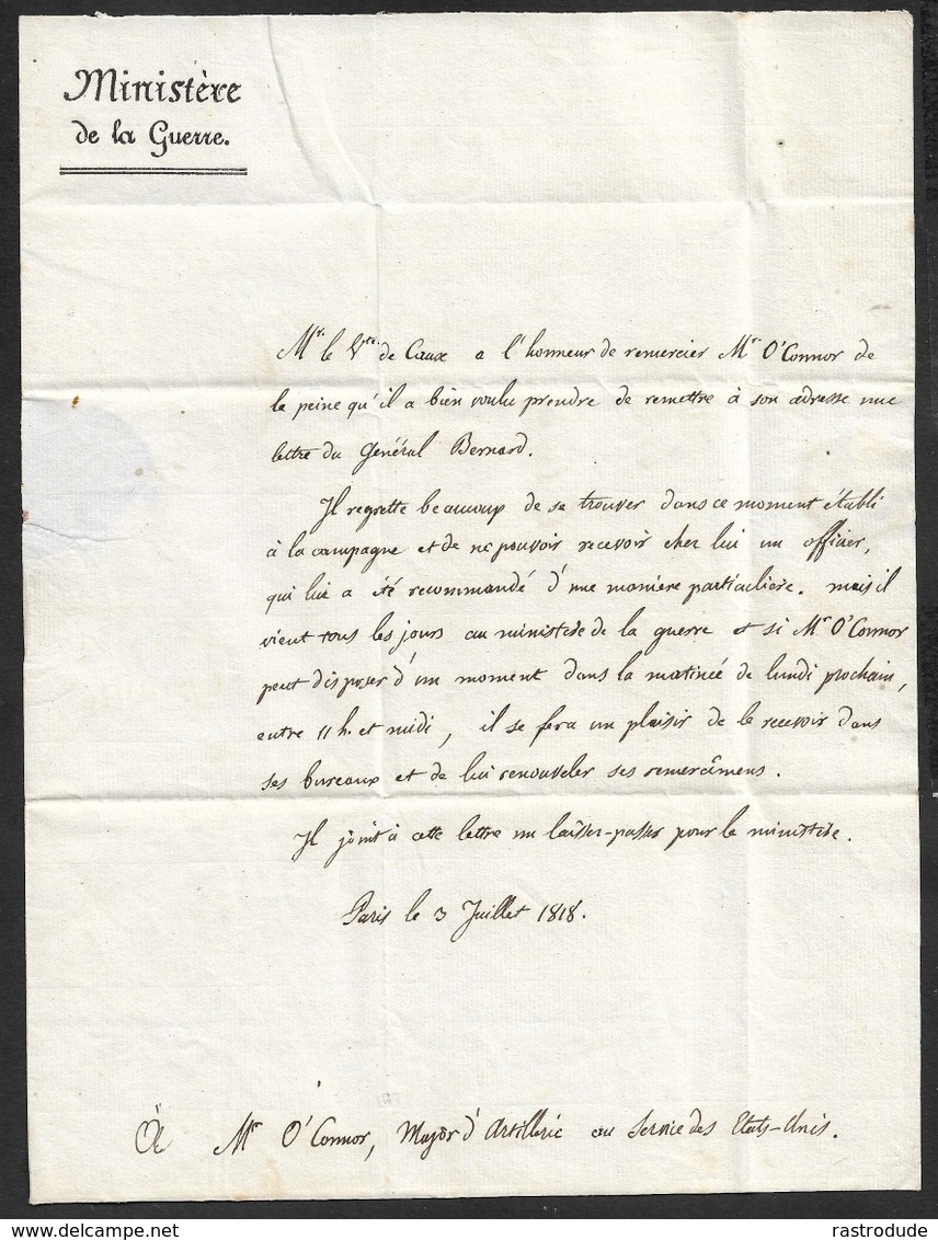 1818 - LAC - PARIS P - MINISTÈRE DE LA GUERRE - INVITATION A O'CONNOR, MAYOR D'ARTILLERIE - 1801-1848: Precursors XIX