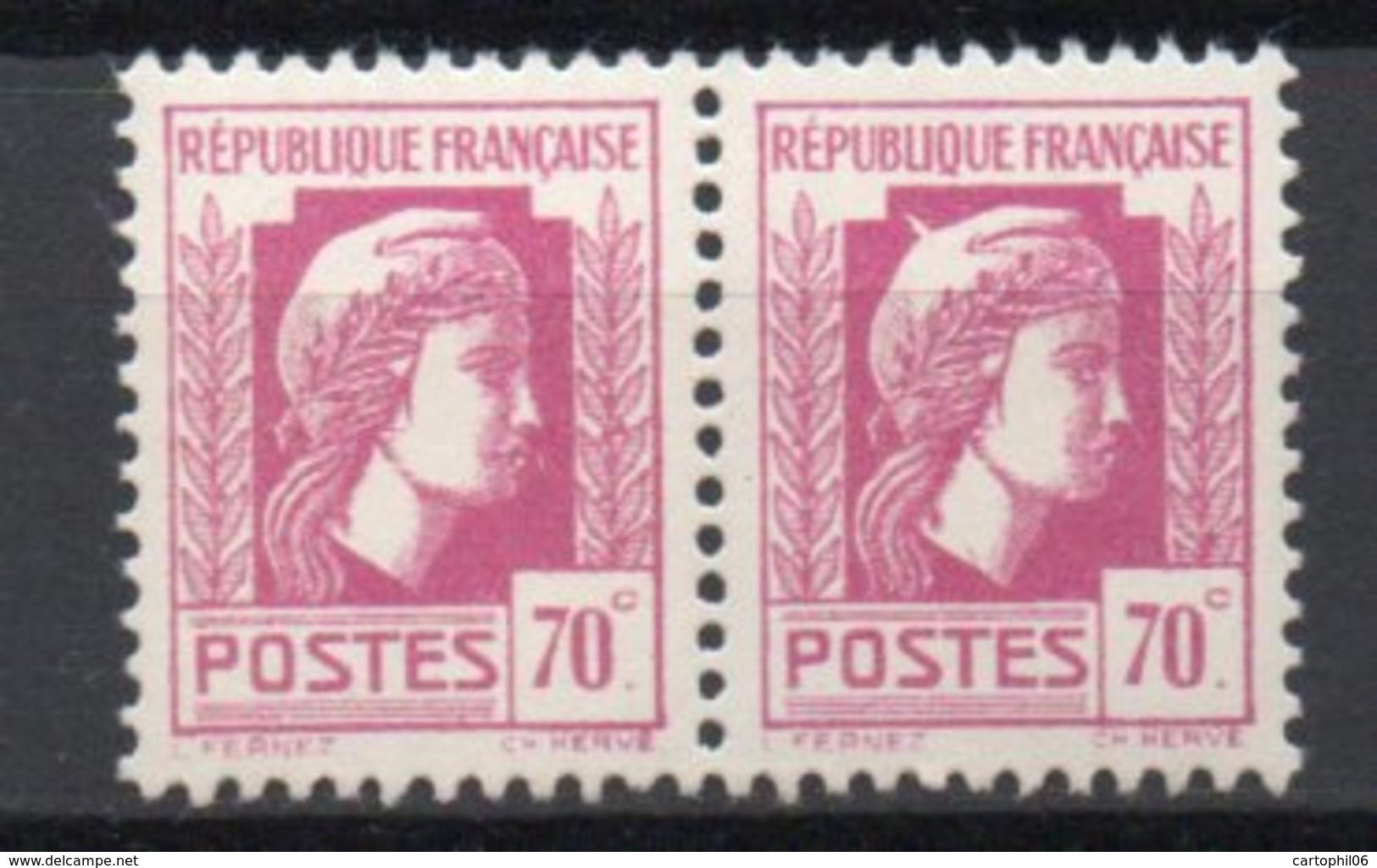 - FRANCE Variété N° 635a ** - 70 C. Lilas-rose Marianne D'Alger 1944 - BONNET A POINTE Tenant à Normal - Cote 55 EUR - - Neufs