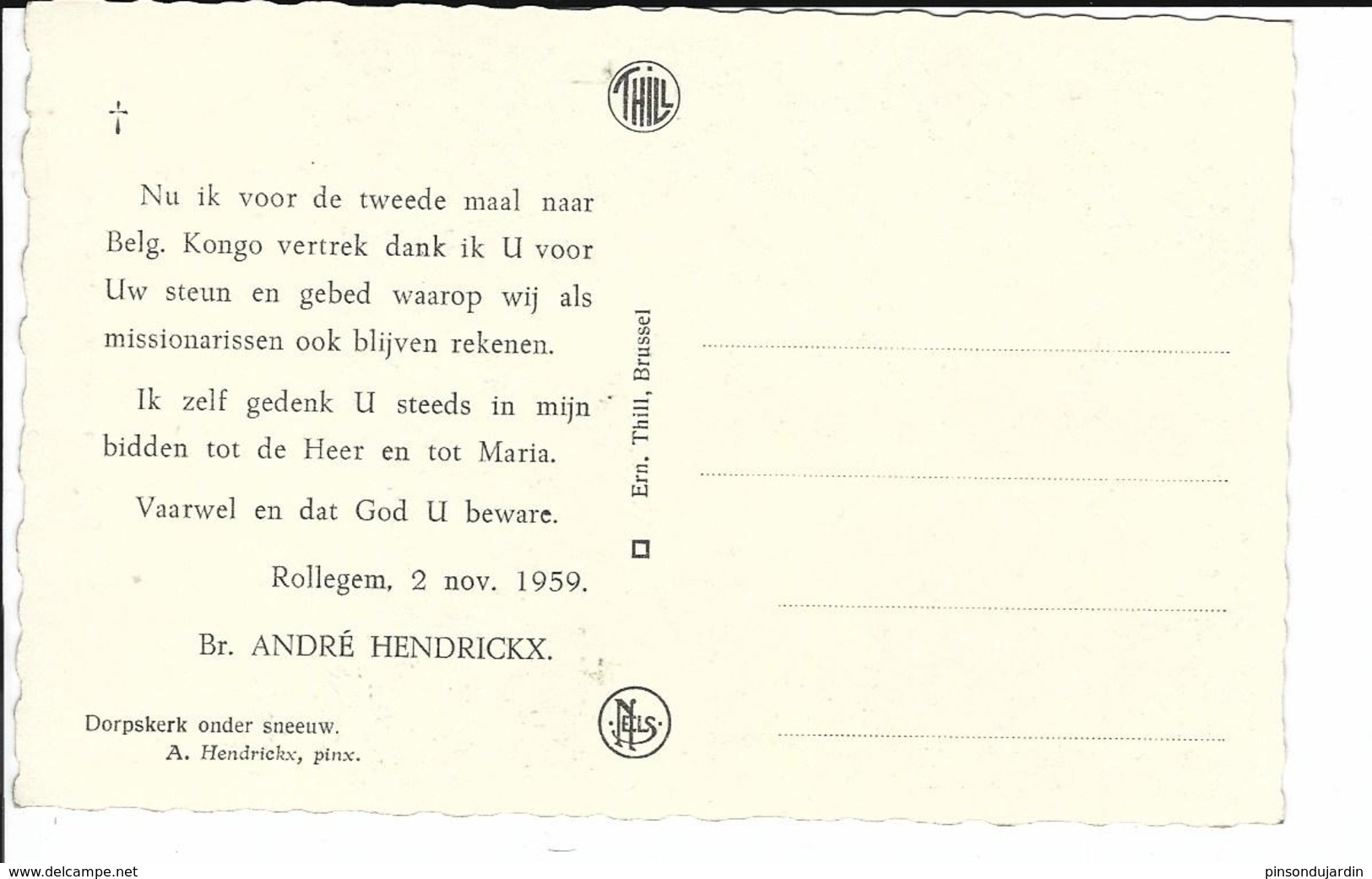Rollegem - (Kortrijk - Mouscron) Dorpskerk Onder Sneeuw (zie Verso Ook) 2 Nov 1959 - Kortrijk