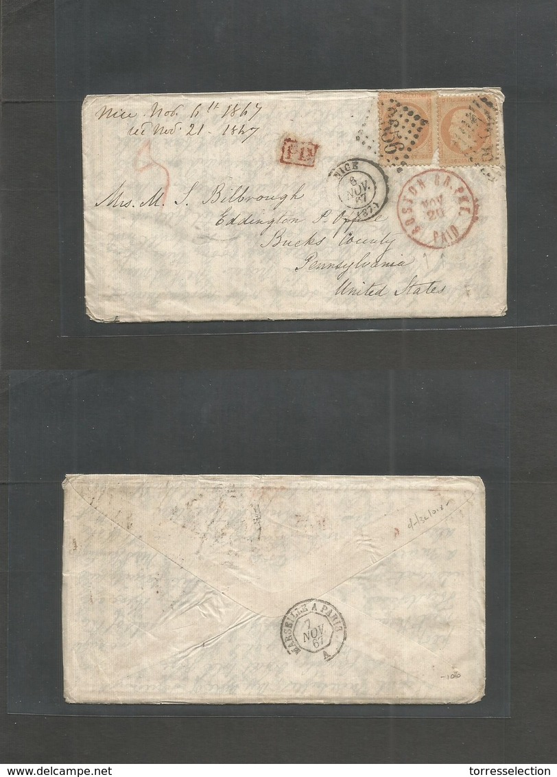 France. 1867 (6 Nov) Nice - USA, PA, Eddington. Fkd Env 40c (x2) "2656" Tied, Via BOSTON / BR. PACKET (Nov 20) (xxx) Exc - Other & Unclassified