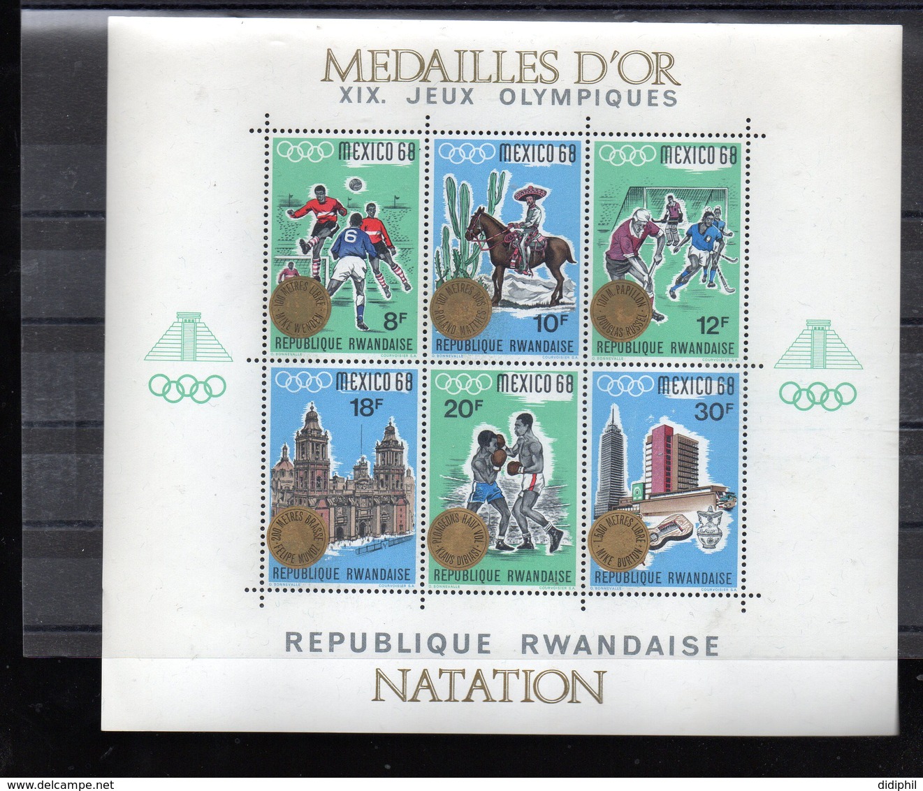 RWANDA BLOCS 13/15** SUR LES J O DE MEXICO 1968 SURCHARGE MEDAILLES D OR SPORTS D EQUIPE NATATION ATHLETISME - Neufs