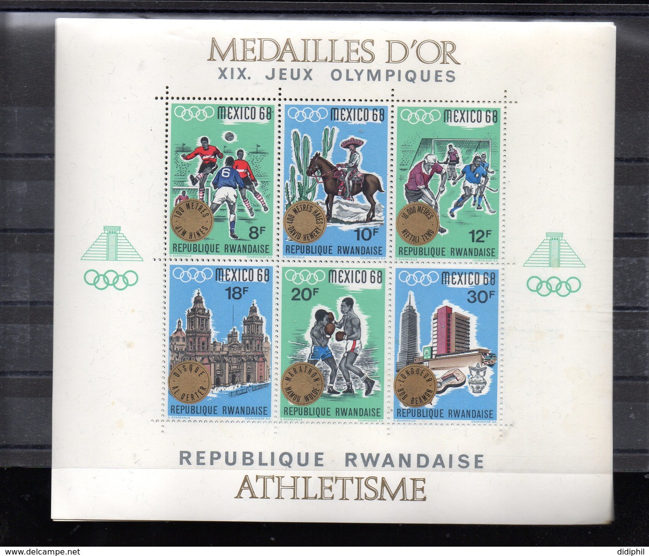 RWANDA BLOCS 13/15** SUR LES J O DE MEXICO 1968 SURCHARGE MEDAILLES D OR SPORTS D EQUIPE NATATION ATHLETISME - Neufs