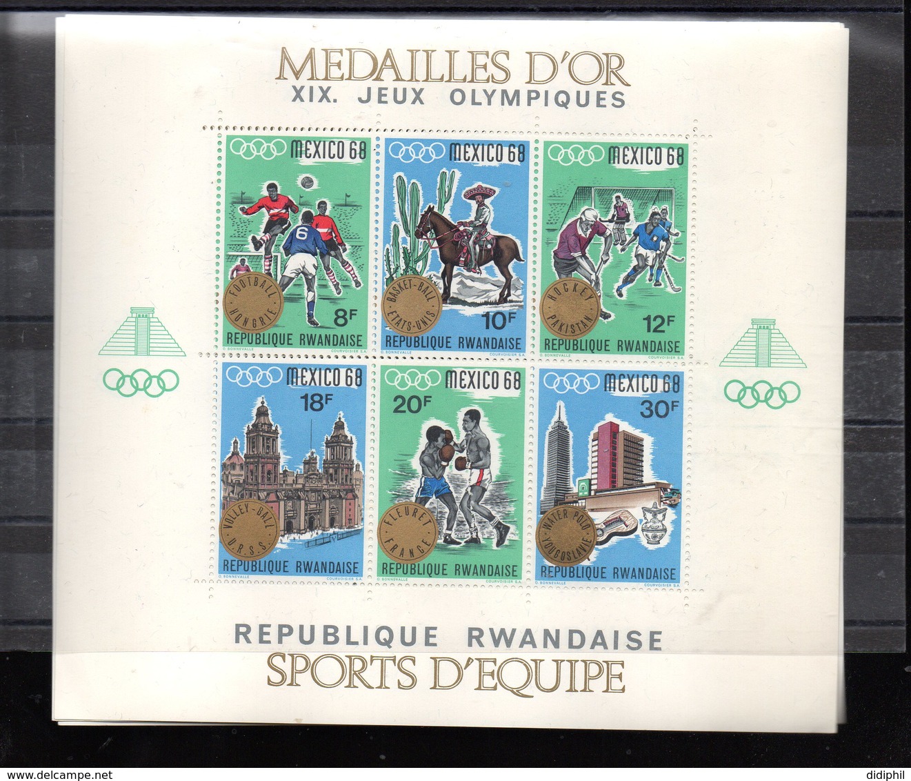 RWANDA BLOCS 13/15** SUR LES J O DE MEXICO 1968 SURCHARGE MEDAILLES D OR SPORTS D EQUIPE NATATION ATHLETISME - Neufs